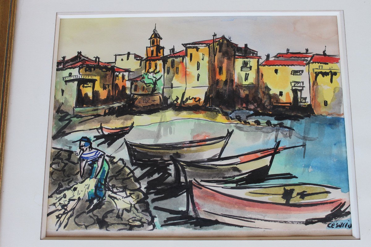 Port Of Saint Tropez Gouache View Signed By Césario 20th Century-photo-2