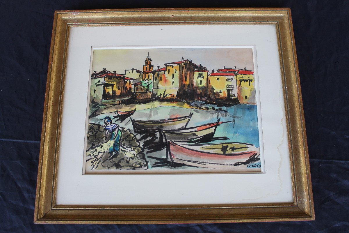 Port Of Saint Tropez Gouache View Signed By Césario 20th Century-photo-1