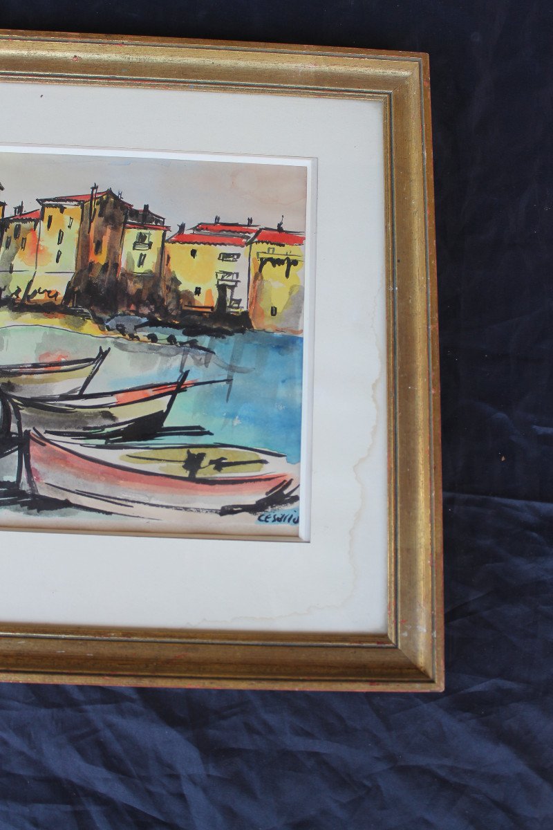 Port Of Saint Tropez Gouache View Signed By Césario 20th Century-photo-5