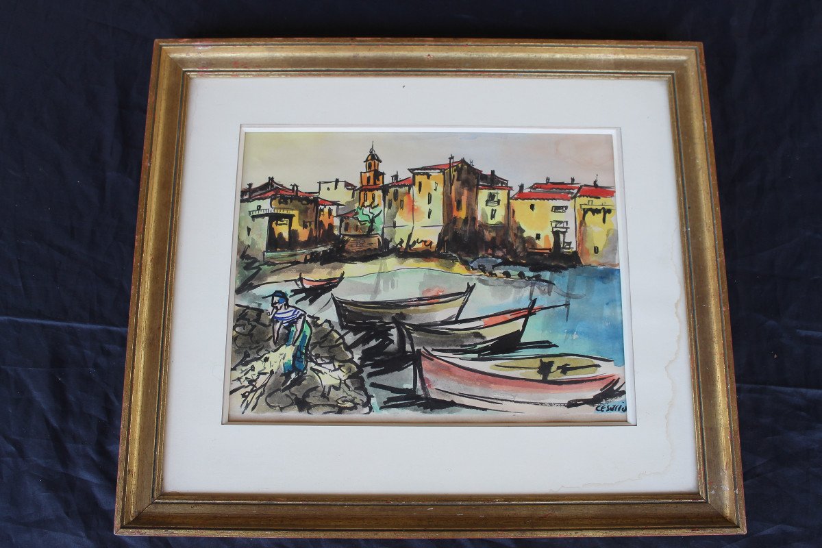 Port Of Saint Tropez Gouache View Signed By Césario 20th Century-photo-6