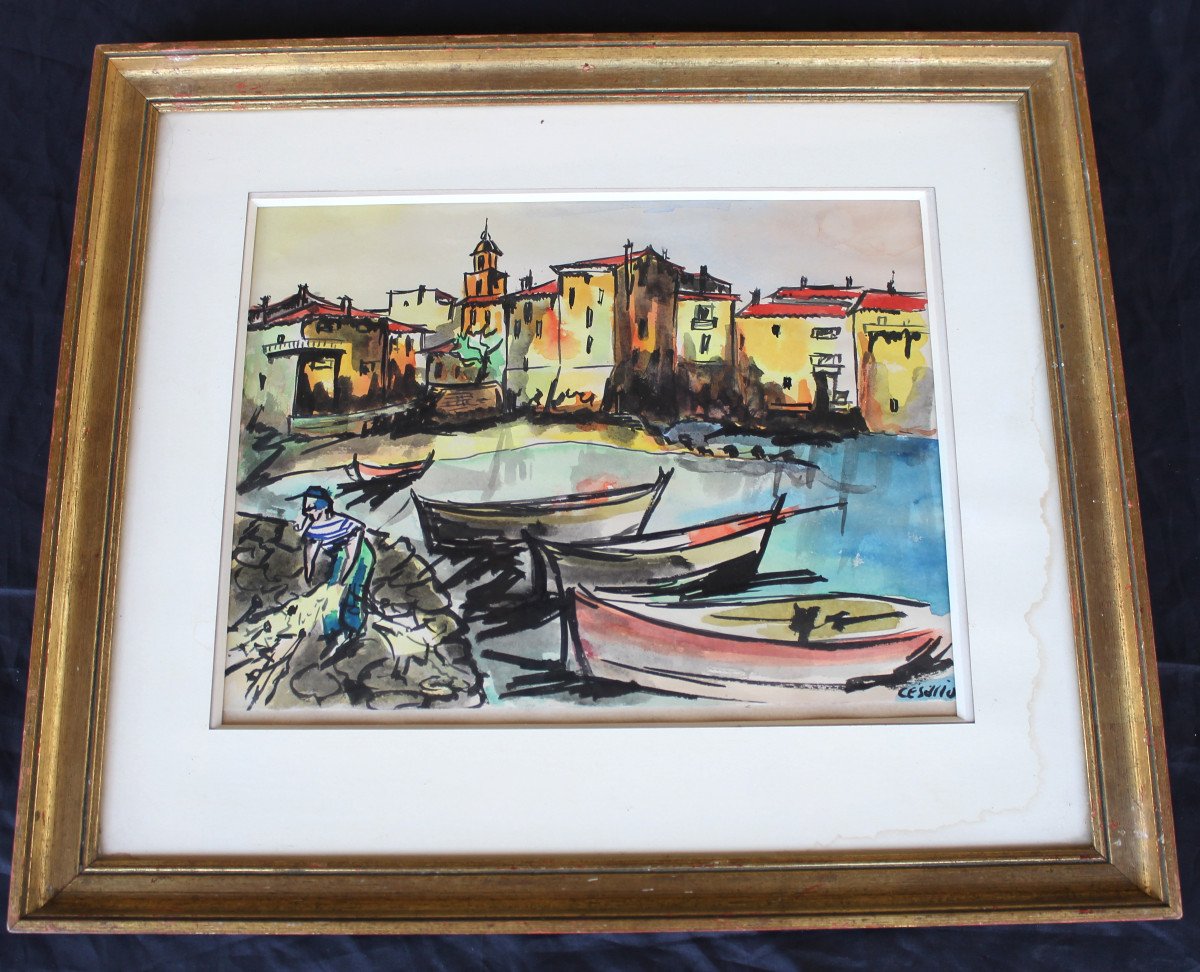 Port Of Saint Tropez Gouache View Signed By Césario 20th Century