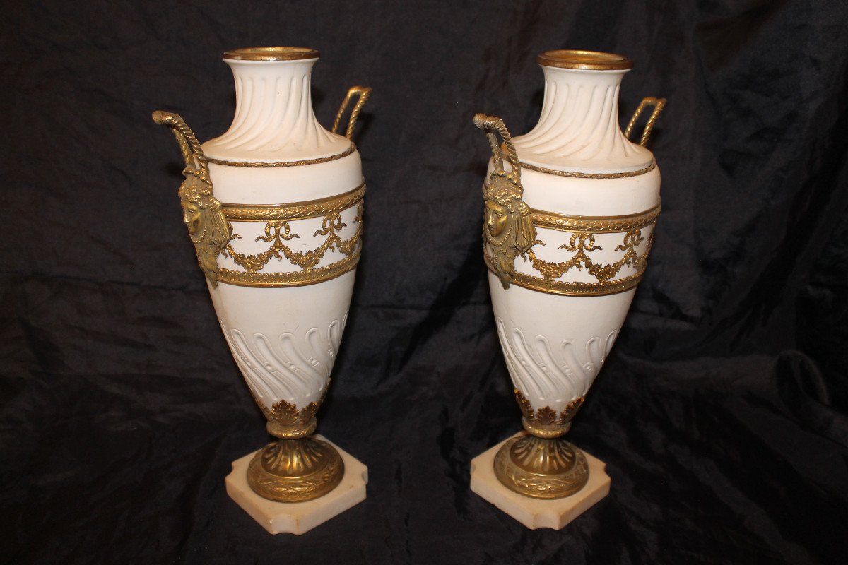 Pair Of Biscuit Vases With Bronze Ornamentation On Marble Base, 19th Century, Louis XVI Style-photo-2