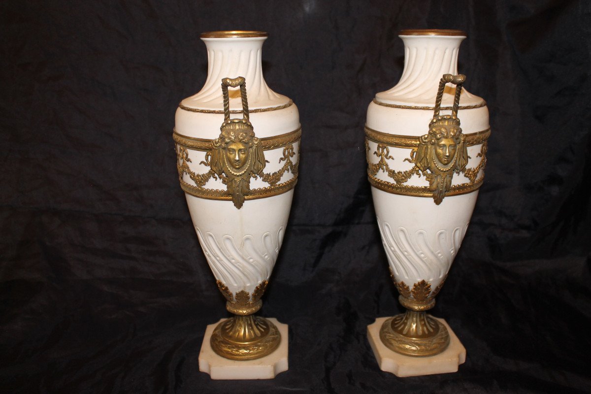 Pair Of Biscuit Vases With Bronze Ornamentation On Marble Base, 19th Century, Louis XVI Style-photo-3