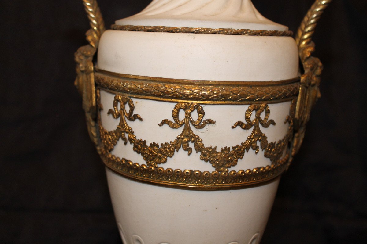 Pair Of Biscuit Vases With Bronze Ornamentation On Marble Base, 19th Century, Louis XVI Style-photo-2