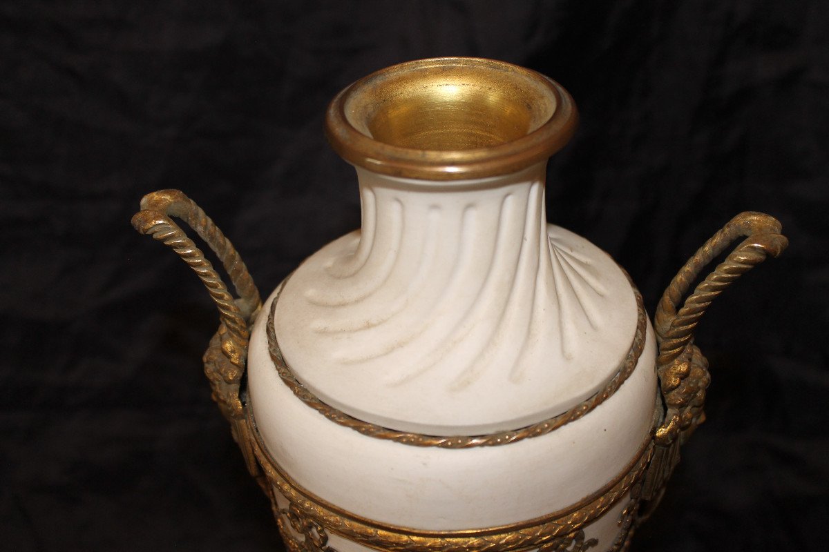 Pair Of Biscuit Vases With Bronze Ornamentation On Marble Base, 19th Century, Louis XVI Style-photo-3