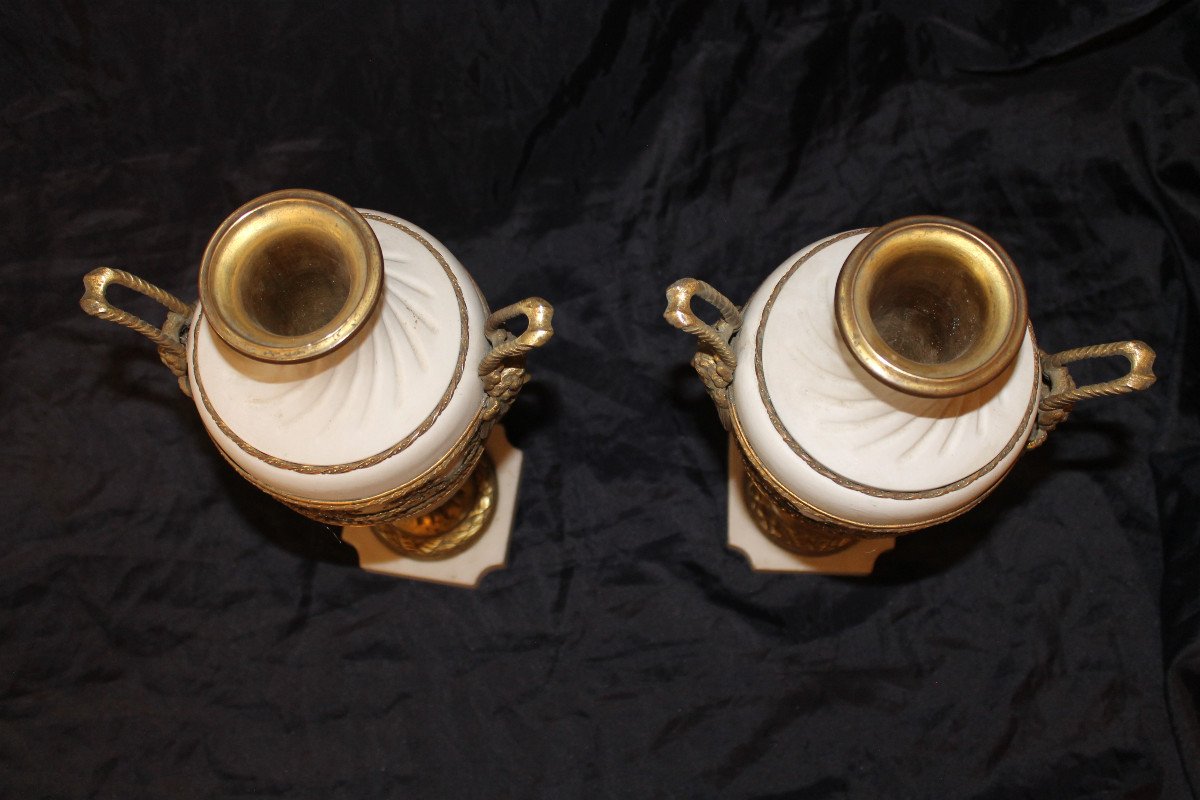 Pair Of Biscuit Vases With Bronze Ornamentation On Marble Base, 19th Century, Louis XVI Style-photo-5