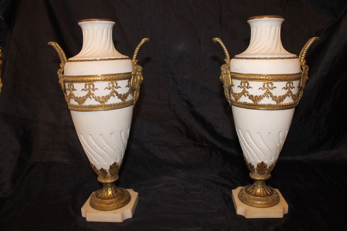 Pair Of Biscuit Vases With Bronze Ornamentation On Marble Base, 19th Century, Louis XVI Style-photo-8