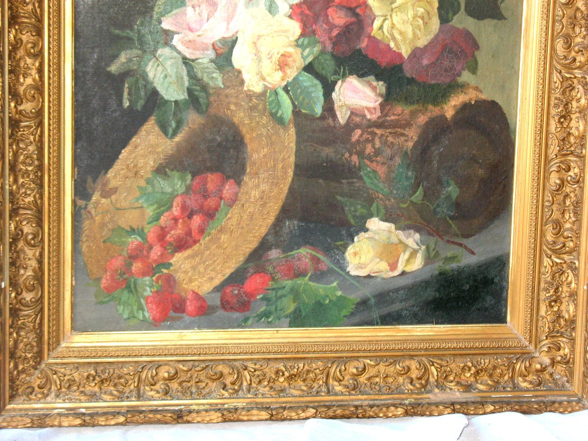 Grande huile sur toile avec bouquet de fleurs et fruits époque 19ème-photo-3