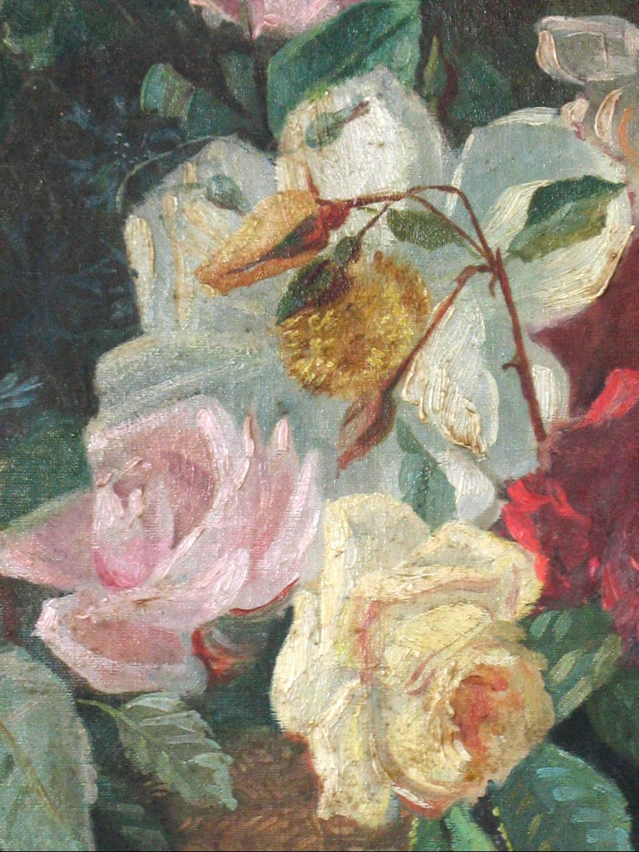 Grande huile sur toile avec bouquet de fleurs et fruits époque 19ème-photo-4