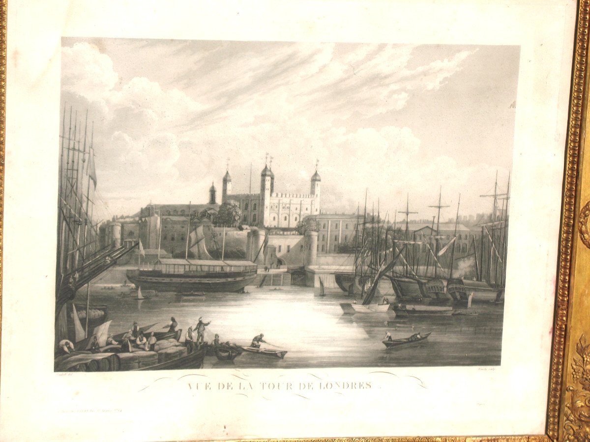 Golden Frame In The 19th Empire Style With Its Interior Engraving: View Of The Tower Of London-photo-3