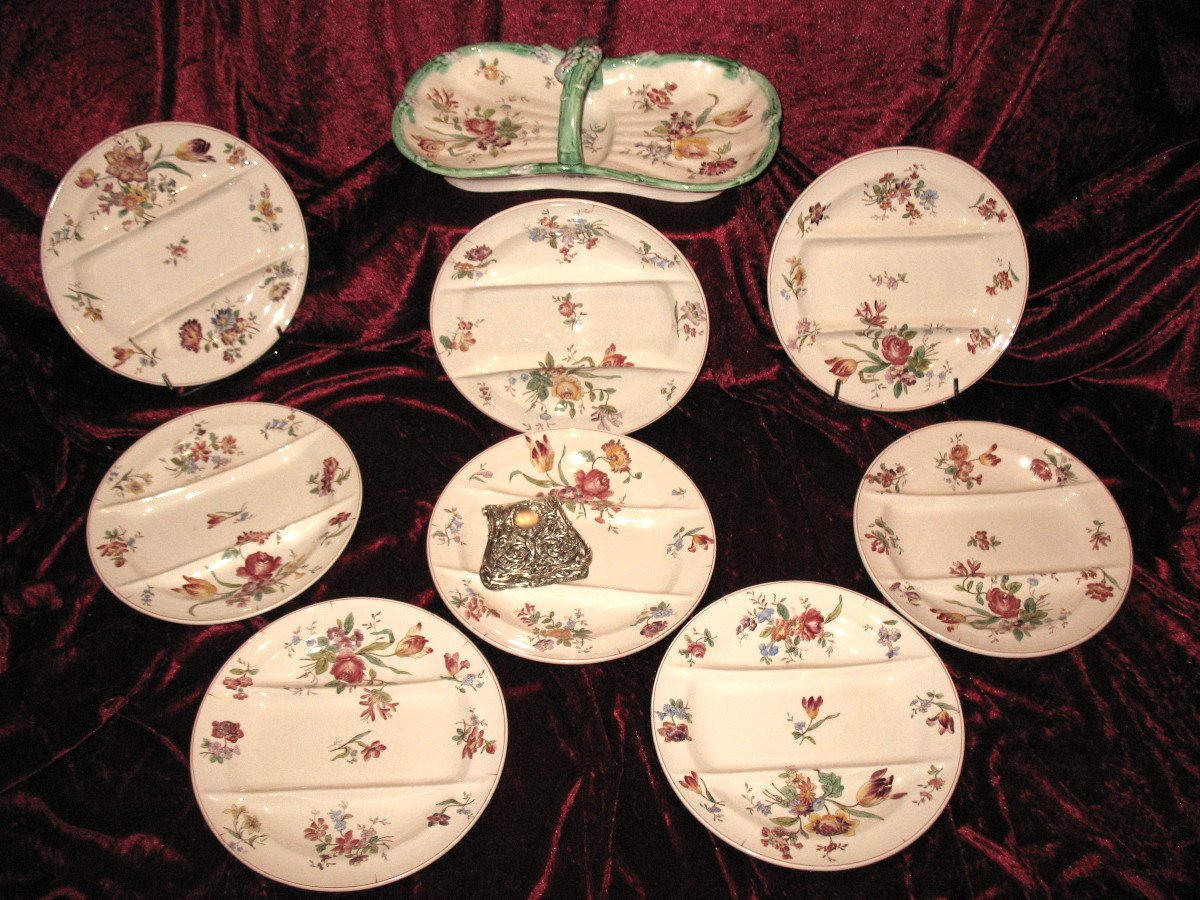 Longchamp Earthenware Asparagus Service, 19th Century Pompadour Decor