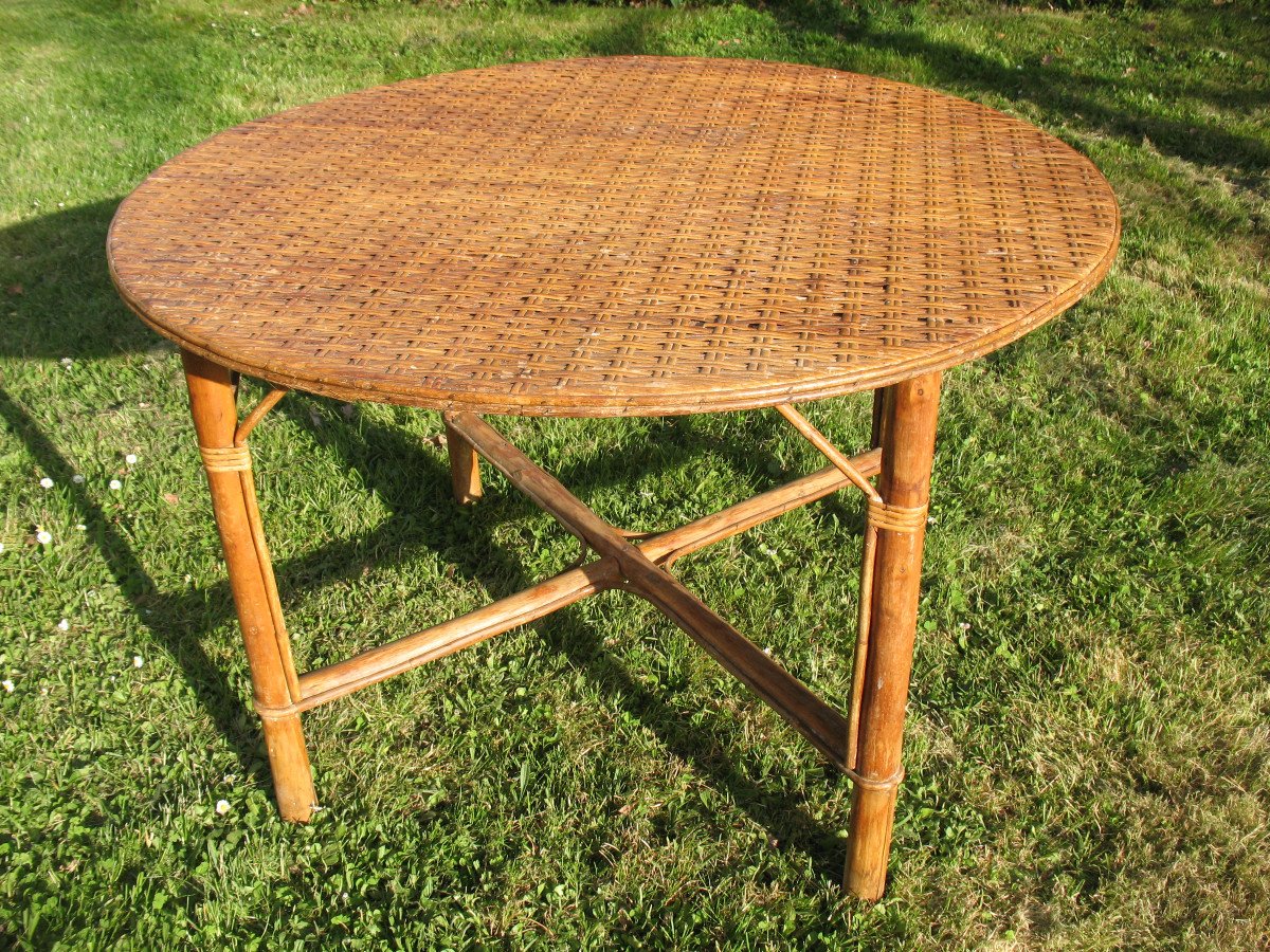 Large Mid-20th Century Rattan Garden Table-photo-1