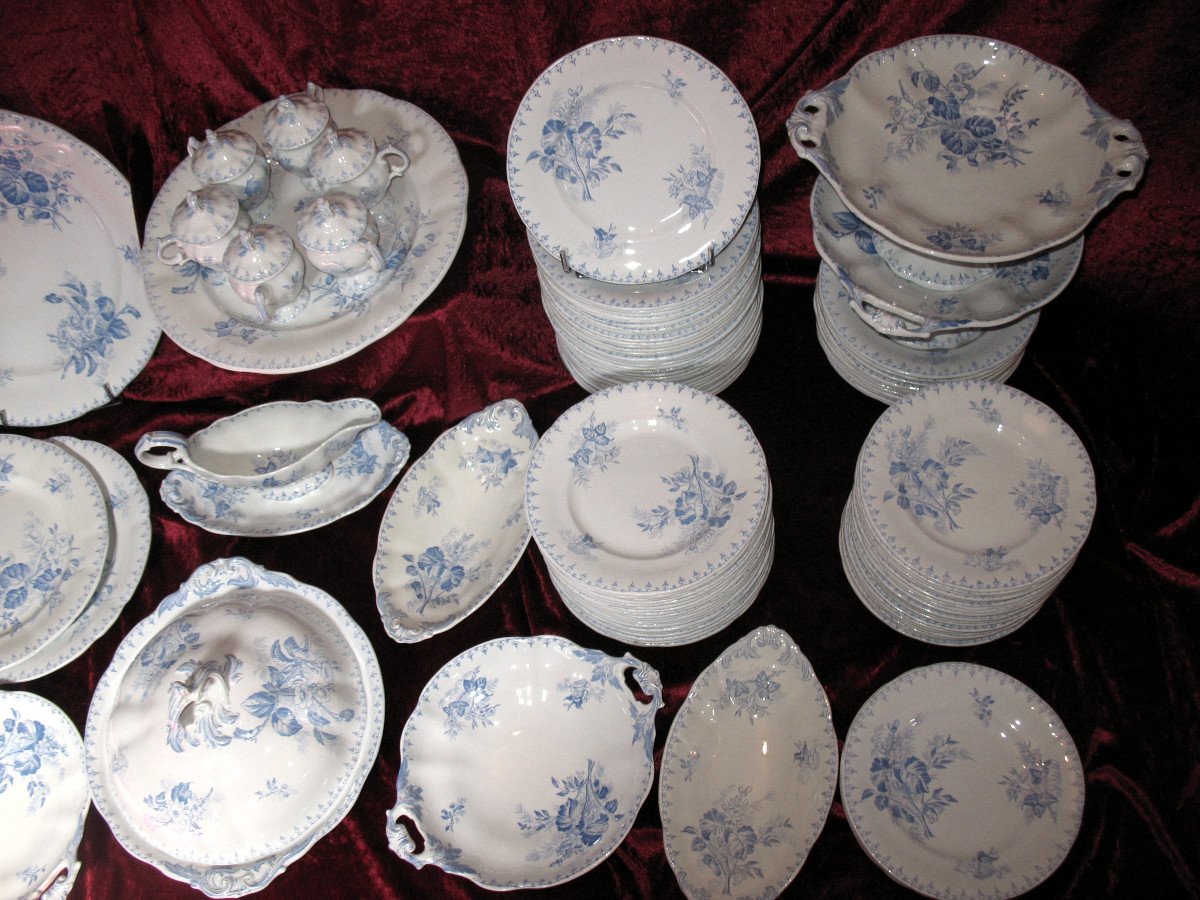 Service de table en faïence de Sarreguemines époque 19ème décor "flore" en bleu ciel 106 pièces-photo-3