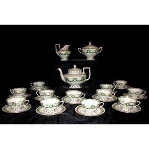 Sarreguemines Porcelain Tea Set Decorated With Laurel Leaves, 19th Century