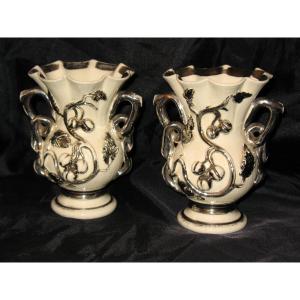 Pair Of Earthenware Vases From Langeais Decorated With Currants Signed Charles De Boissimon 19th