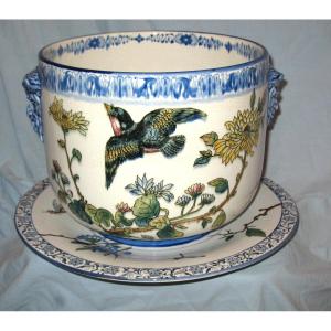 Large Cache Pot And Its Frame In Gien Earthenware Japanese Decor With A Bird, 19th Century