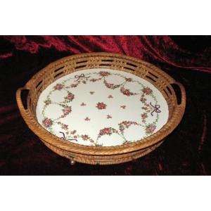 Tray In Sarreguemines Earthenware And Wickerwork Floral Decoration In Louis XVI Style