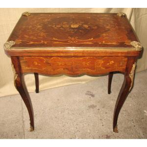 Games Table In Marquetry And Gilded Bronze, Louis XV Style, Late 19th Century