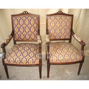 Pair Of Walnut Armchairs With Flat Backs, 19th Century Louis XVI Style, Stitched Trim