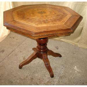 Octagonal Shaped Pedestal Table In Charles X Style Marquetry, 19th Century