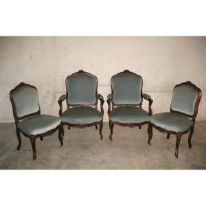 Pair Of Queen's Armchairs And Louis XV Style Walnut Chairs, 19th Century