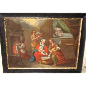 Le bain de l'enfant Nativité huile sur toile école italienne grand tableau religieux ép. 17ème