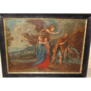 La fuite en Egypte huile sur toile d'après Nicolas Poussin grand tableau religieux époque 17ème