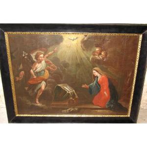 L'annonciation huile sur toile école italienne grand tableau religieux époque 17ème