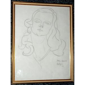 Louis Latapie dessin daté et signé portrait d'Ellen Guejde avec certificat d'authenticité