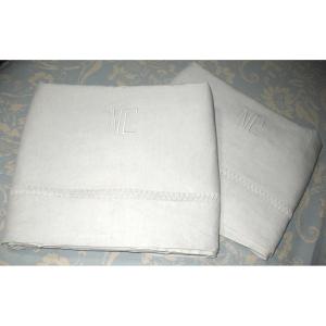 Pair Of Linen Thread Sheets With Lace Border Nc Initials, Perfect Condition: 240 X 300 Cm