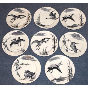 8 assiettes en faïence de Lunéville les grands oiseaux époque Keller et Guérin japonisant 19ème