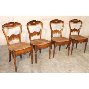 Set Of 4 Cherry Straw Chairs, 19th Century Restoration Period