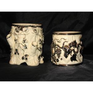 2 Langeais Earthenware Tobacco Pots Decorated With Berries And Grapes, 19th Century