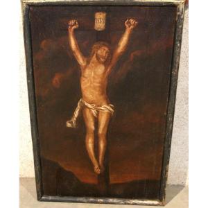 Huile sur toile Christ en croix époque fin 17ème  d : 83,5 x 52,5 cm