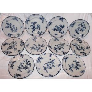 11 Earthenware Plates Signed By Emile Gallé, Hunters And Huntresses Service In Blue, 19th Century