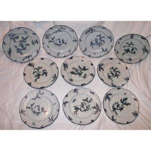 10 Earthenware Plates Signed By Emile Gallé, Hunters And Huntresses Service In Blue, 19th Century