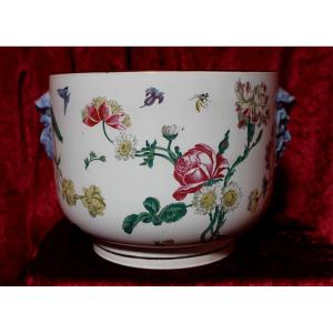 Gien Earthenware Cachepot With Marseille Decoration With Flowers And Insects, 19th Century