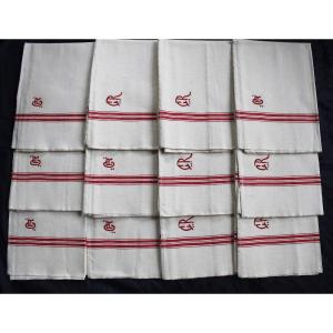 12 Tea Towels In Linen And Cotton Blend With Red Strips Embroidered Initials Cr New Condition