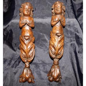 Pair Of Carved Wooden Wall Caryatids, Renaissance Style, 18th Century