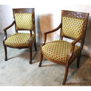 Pair Of Consulate Period Armchairs In 19th Century Walnut In The Style Of Jacob Frères