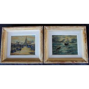 Pair Of Watercolors Of Brittany: Seascape And Exit From Mass Signed Davy, 20th Century