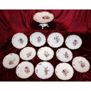 Dessert Service In Fine Lunéville Earthenware With Saxon Flower Decoration, 19th Century