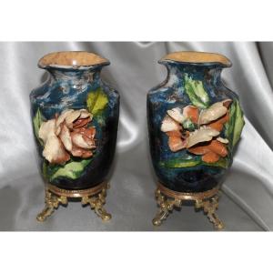 Pair Of Barbotine Vases With Floral Decoration In The Style Of Montigny Sur Loing, 19th Century