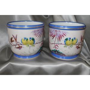 Pair Of Paris Porcelain Cachepots With Hand-painted Decoration, Louis Philippe Period