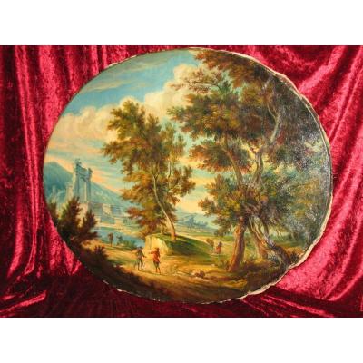 Paysage Italien animé huile sur toile ovale époque 19ème