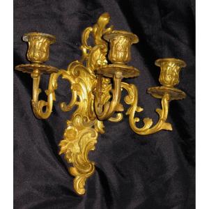 Pair Of Small Aplliques In 3 Lights Gilt Bronze 19th