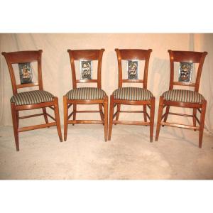 Suite Of 4 Directoire Chairs In Cherry Wood Decor With Animals From 4 Continents