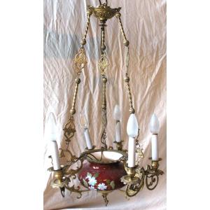 Hanging Chandelier In Earthenware And Gilded Bronze With 6 Lights 19th