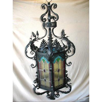 Large Wrought Iron Lantern And Colored Stained Glass