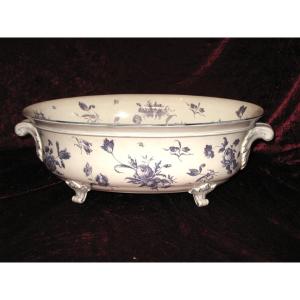 Large Oval Planter In Gien Earthenware With Saxony Blue Decor, 19th Century